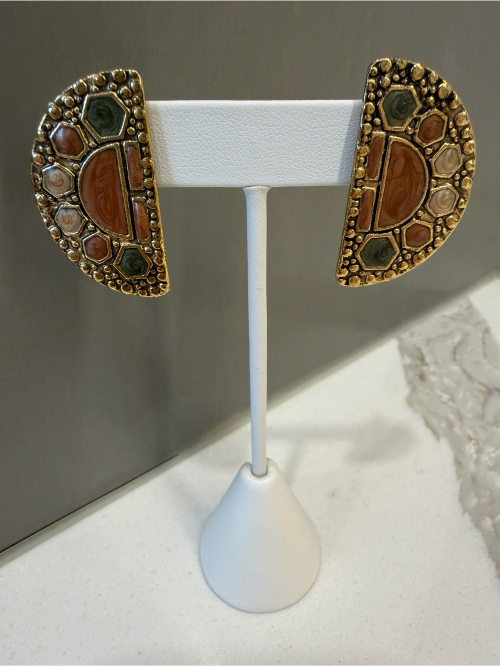 Vintage Artisan Signed Half Moon Earrings with stone accents